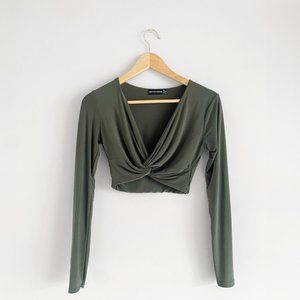 Pretty Little Thing Long Sleeve Olive Green Twist Front Crop Top